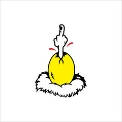 Illustration of a hand coming out of a yellow egg and sticking up its middle finger