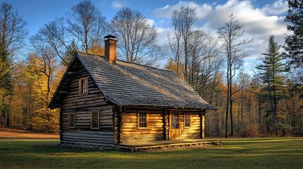 Obraz premium Rustic log cabin in autumn