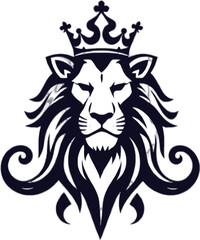 Obraz premium Majestic Lion with Crown Logo Design. A stylized raphic of a lion's head wearing a crown, set against a deep black background