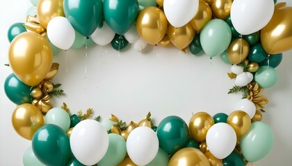 Colorful balloon arch made of gold, white, and green balloons for a party or celebration.