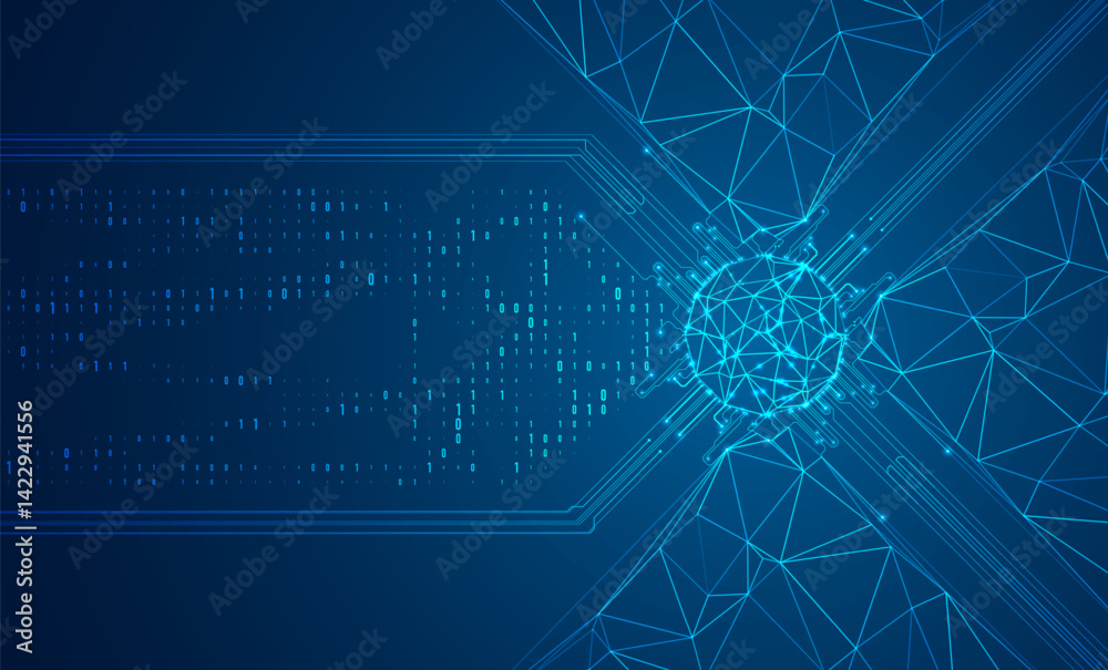 Poster abstract technology background with polygonal lines and code. artificial intelligence illustration. 