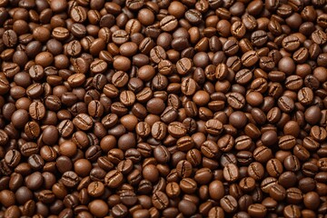 Fototapeta premium Roasted coffee beans filling the entire frame, realistic food style on seamless background, concept of caffeine, breakfast and natural aroma. Ai generative