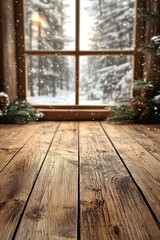 Snowy winter scene through window