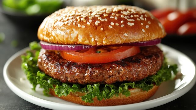 A close-up of a gourmet burger on a white plate, illuminated by soft studio lighting