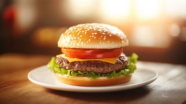 A close-up of a gourmet burger on a white plate, illuminated by soft studio lighting