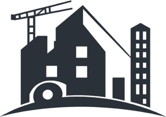 Fototapeta premium Urban Construction Silhouette Logo. A simple dark gray silhouette logo depicts a city skyline with a house under construction complete with a crane