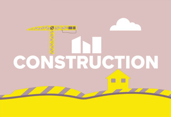 Construction site illustration featuring a crane and a house. This simple flat illustration depicts a construction site with a yellow crane building all set against a light mauve background