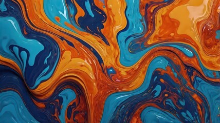 Abstract fluid art featuring a dynamic swirl of blue orange and navy creating a mesmerizing pattern