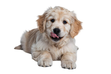 Obraz premium Golden Retriever Puppy: An adorable Golden Retriever puppy, with a wet nose and curious eyes, lies contentedly, licking its lips in a display of innocent charm.