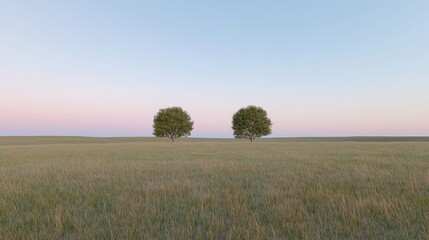Fototapeta premium Two trees stand sentinel in a vast, grassy plain under a serene, pastel sky