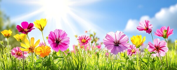 Colorful flowers on a meadow with sunshine, for spring, growth, or nature themes