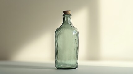 A front-facing shot of a glass bottle on a white surface, with soft natural lighting highlighting the texture