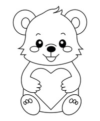 Naklejka premium Cute Bear Holding Heart Coloring Page for Kids
