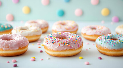 Delicious donuts with colorful icing and sprinkles create joyful atmosphere