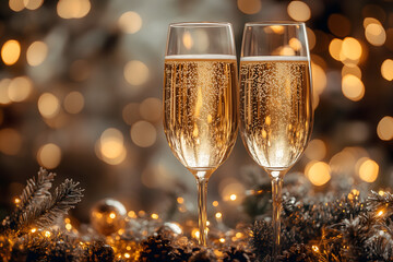 Two champagne glasses with bubbles and golden bokeh lights for a festive celebration
