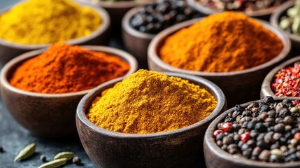 Vibrant spices in wooden bowls arranged artistically on dark surface