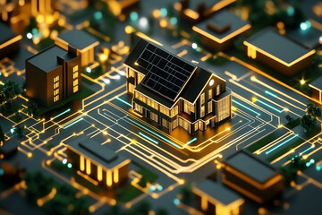 Obraz premium Concept of a Smart Home 3D Illustration of a Circuit Board with a Miniature House and Connected Wires