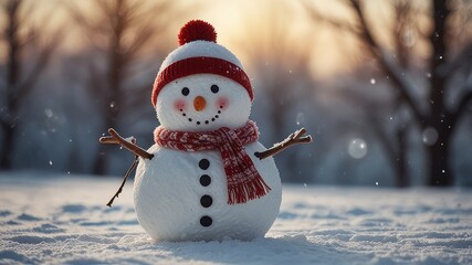 Obraz premium cute snowman on a snow AI Generated