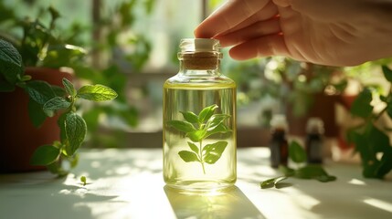 A close-up of a bottle of essential oil on a white table, captured with natural lighting to create a calming effect