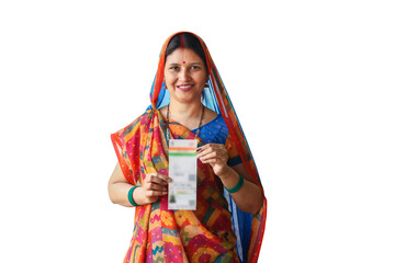 Rural indian woman holding aadhar card a government ID. People or citizen of  india. Election. 