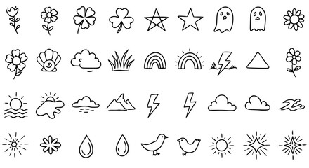 Hand Drawn Doodle Icons: Flowers Nature Weather Stars Ghosts