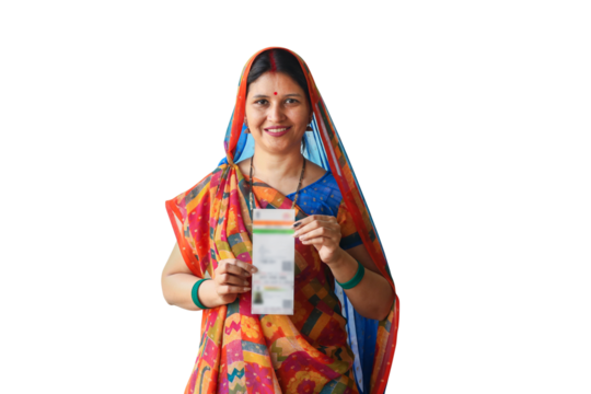 Rural indian woman holding aadhar card a government ID. People or citizen of  india. Election. 