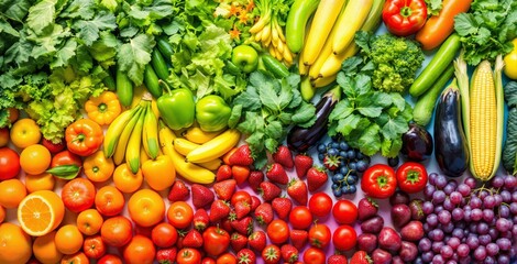 Colorful arrangement of fresh fruits and vegetables sorted by hue on a bright background, showcasing a healthy food and nutrition concept. Ai generative