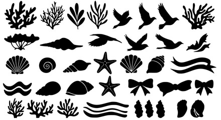 Black Silhouettes: Ocean Sea Beach Birds Shells Coral Stars Bow