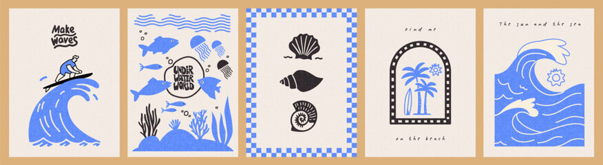 Abstract summer poster or card set in art doodle style with hand drawn surfer on the wave, underwater world, sun, palms, surfboard, sea, seashells. Trendy summer design for branding, ads, print, decor