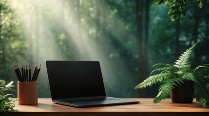 Laptop on wooden desk in forest setting