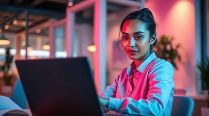 Young woman working on a laptop in a modern office with pink and blue neon lighting at night time