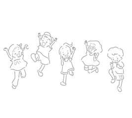 楽しそうにジャンプして喜ぶ子供たちの線画イラスト