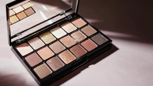 Elegant eyeshadow palette showcasing a variety of neutral tones, shimmering textures, and reflective mirror in a chic black compact case.