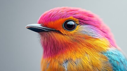 A macro shot of a colorful bird on a white background, illuminated with soft natural light to show its vivid feathers © Chandlerlikes