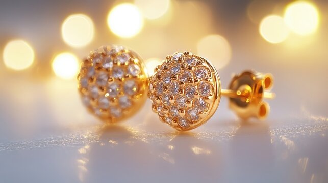 A macro shot of a pair of elegant gold earrings on a white surface, illuminated by soft, diffused lighting