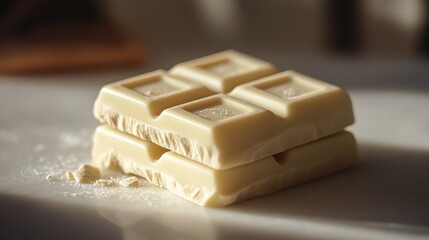 A macro shot of a piece of white chocolate on a white surface, illuminated by soft diffused lighting