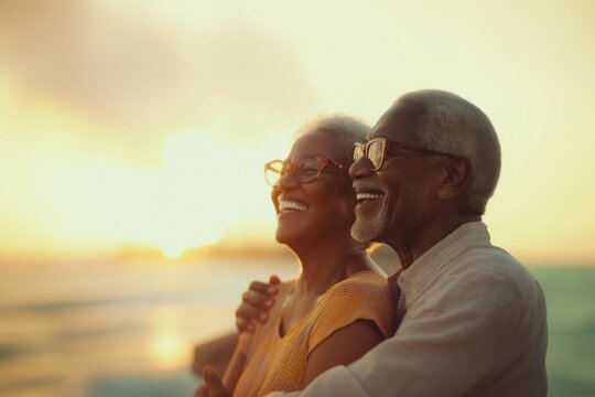Portrait of a happy senior African-American couple laughing and looking at the sea outdoors portrait glasses. - Powered by Adobe