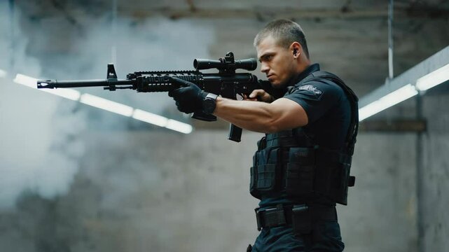 Man firing assault rifle on shooting range, modern soldier practicing with firearm, tactical expert aiming with scope, smoke after shot.