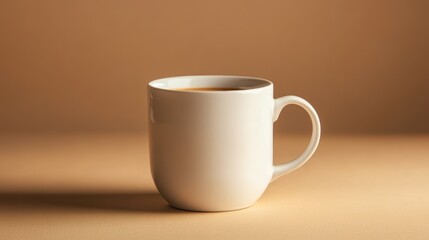 A front-facing shot of a white ceramic mug with coffee, illuminated by soft, clean lighting