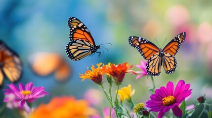 Obraz premium Monarch butterflies flit amongst vibrant flowers in a beautiful garden setting