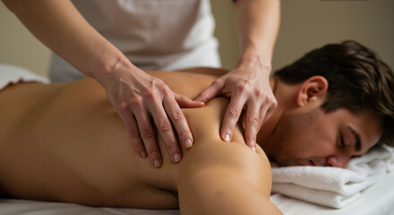 Man receiving back massage from professional therapist with hands pressing shoulders. Therapeutic bodywork reducing muscle tension and promoting relaxation for stress relief and pain management
