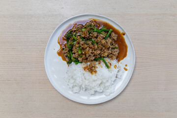 Stir fry ground meat and white rice.