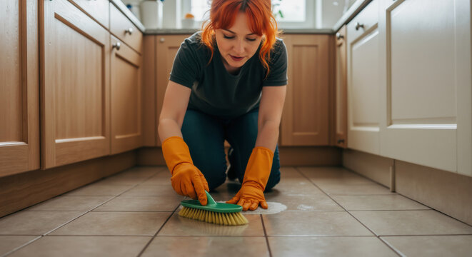 Woman with red hair scrubbing kitchen floor with brush and orange rubber gloves. Home cleaning routine maintaining hygienic living environment and preventing dirt accumulation