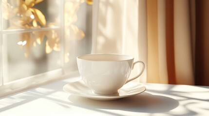 Fototapeta premium A front-facing shot of a white porcelain teacup and saucer on a clean white table, illuminated by soft natural light