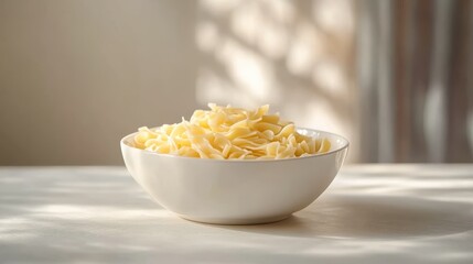 A front-facing shot of a white ceramic bowl with fresh pasta on a white table, illuminated by soft, clean lighting