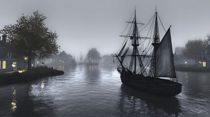 Obraz premium Vintage Tall Ship Sailing Along Foggy River Through Quaint Village Landscape