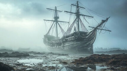Fototapeta premium Ghostly ship emerges from the fog, a timeless mariner relic on the shore