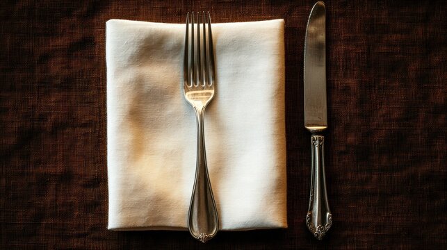 A top-down view of a white cloth napkin with a silver fork and knife, illuminated with soft, diffused lighting