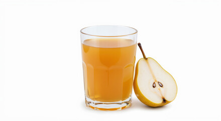 Glass of pear juice with half cut fruit next to it on white background. Fresh natural beverage for healthy drink options and fruit juice advertising