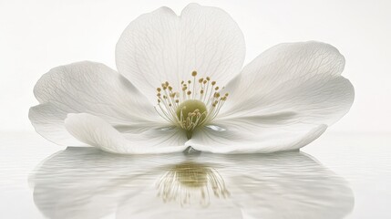 Obraz premium A close-up of a white flower with delicate petals on a white background, illuminated with soft, diffused lighting to enhance the details